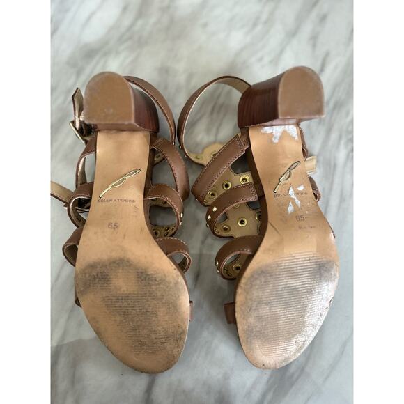 Brian Atwood Brown Leather & Gold Stud Gladiator Heeled Sandals - Picture 6 of 9